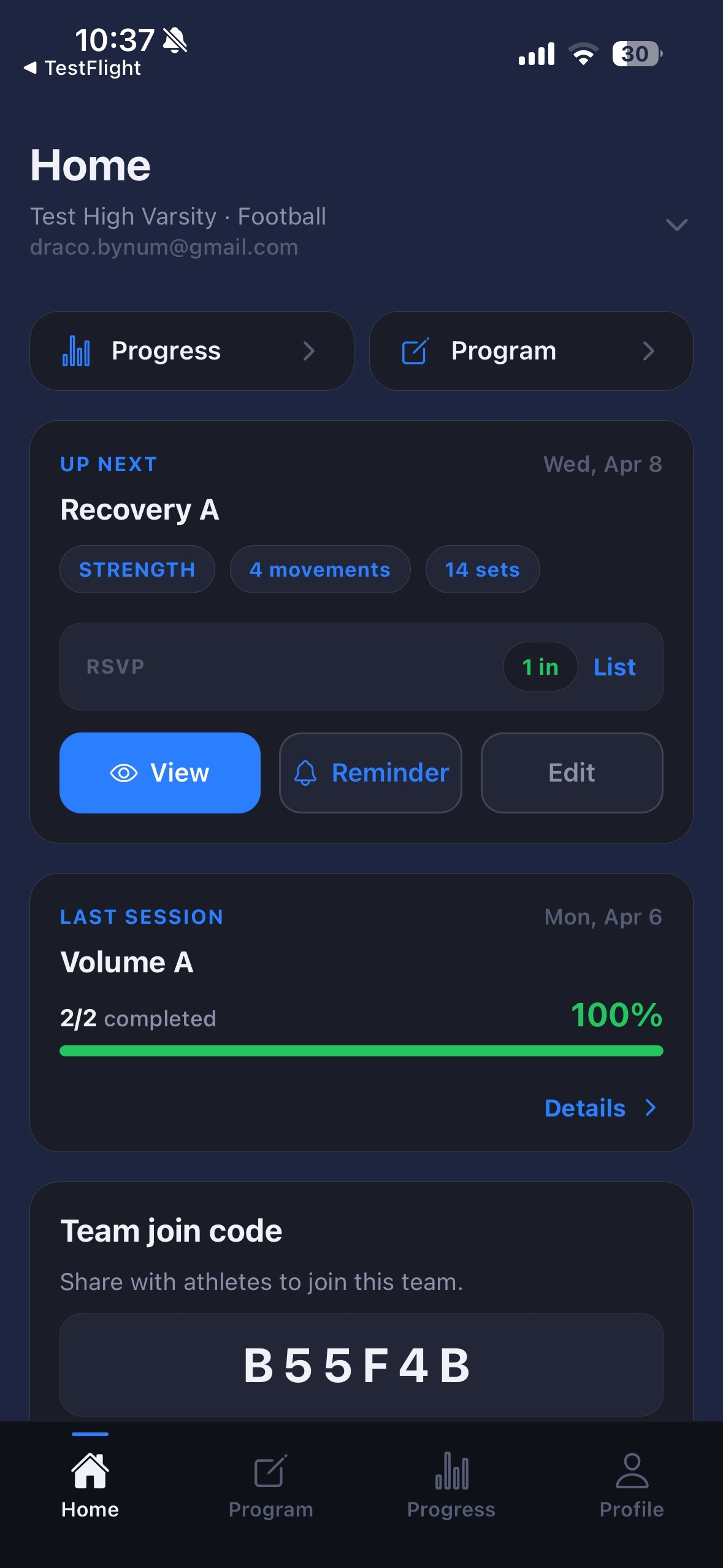 TrainToday coach screen showing programs and team overview