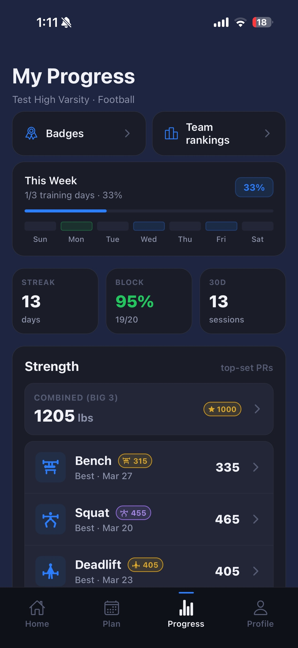 TrainToday athlete screen showing today's workout and set logging